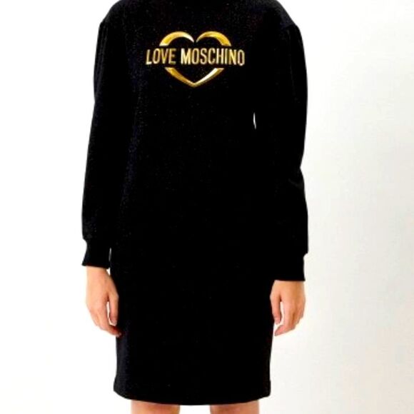 Love Moschino Women's Black Logo Glitter Puff Sleeve Mini Dress Size 38 - Picture 1 of 5